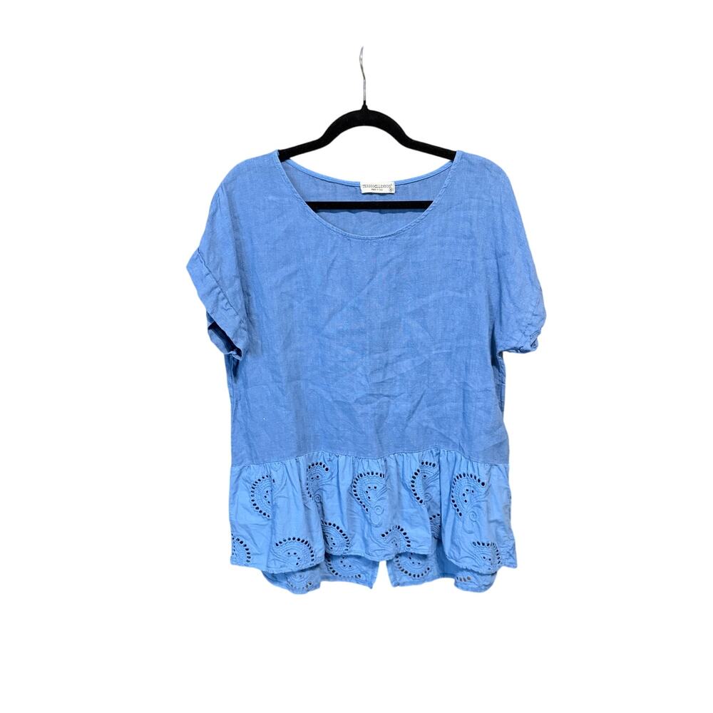 Terzo millenio blue linen blouse top  eyelet ruffle medium lagenlook cottagecore